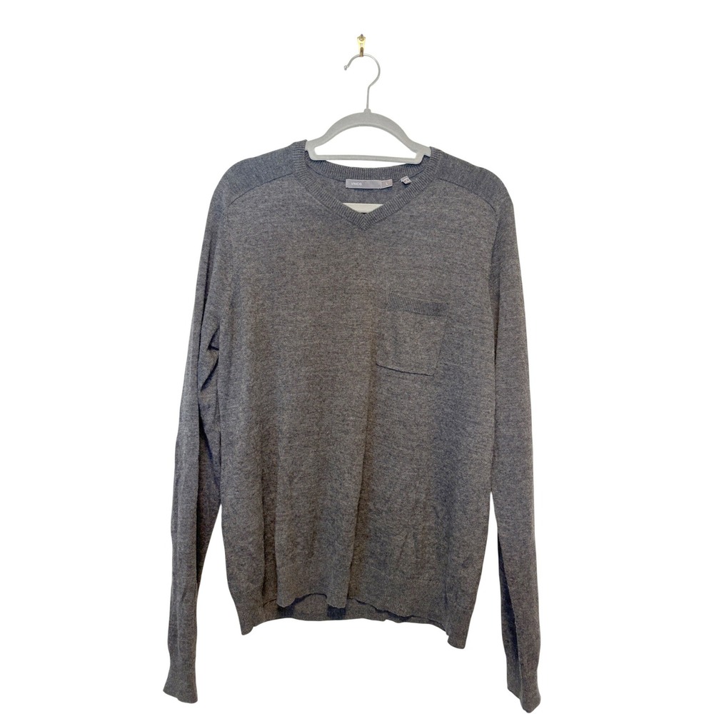 Vince Men Charcoal Gray Linen Blend V-Neck Pocket Sweater Large RN106730